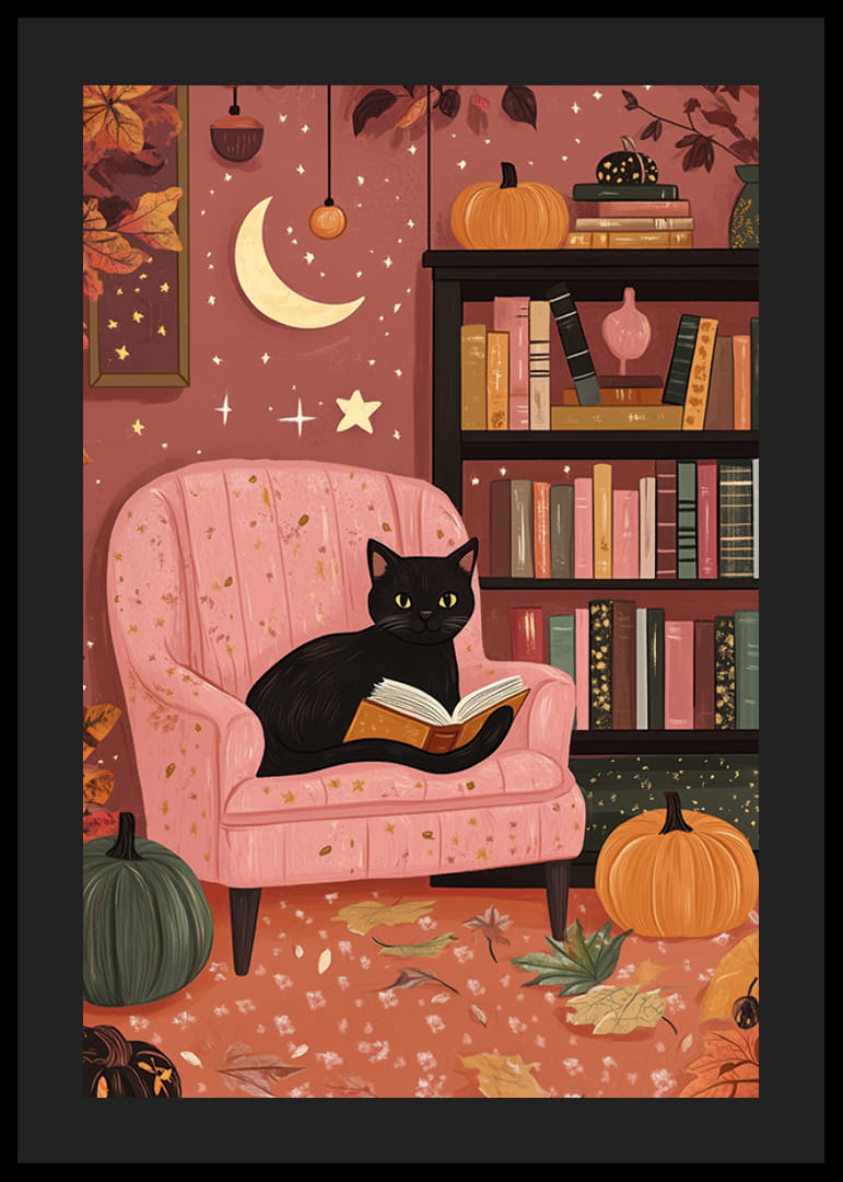 A cat in a pink armchair surrounded by books and pumpkins-12