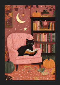 A cat in a pink armchair surrounded by books and pumpkins-5
