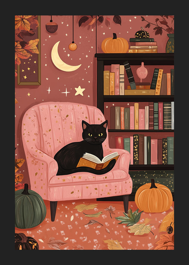 A cat in a pink armchair surrounded by books and pumpkins-12