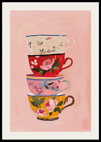 Fyra färgglada tekoppar i harmoni på en mjuk rosa bakgrund-2