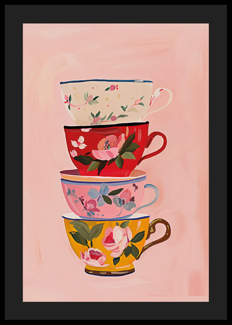 Fyra färgglada tekoppar i harmoni på en mjuk rosa bakgrund-12