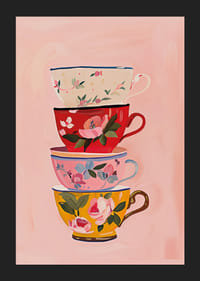 Fyra färgglada tekoppar i harmoni på en mjuk rosa bakgrund-5