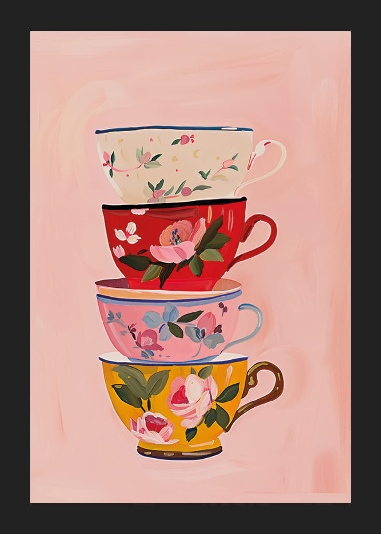 Fyra färgglada tekoppar i harmoni på en mjuk rosa bakgrund-12