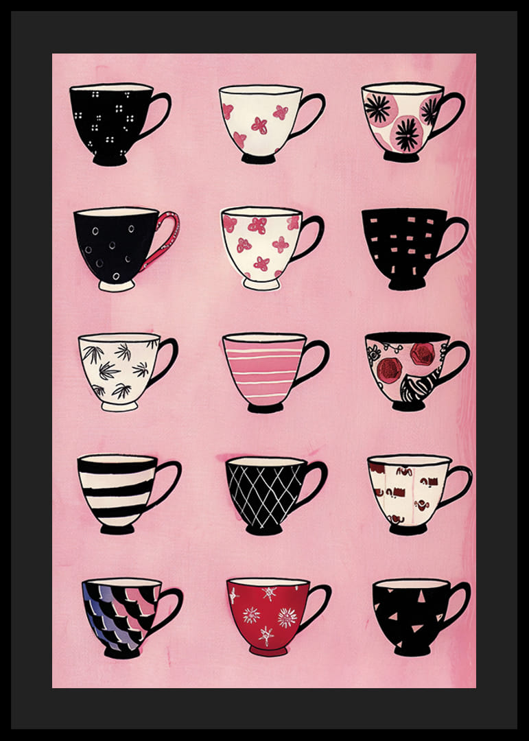 Färgglada muggar i lekfull ordning på rosa bakgrund-12