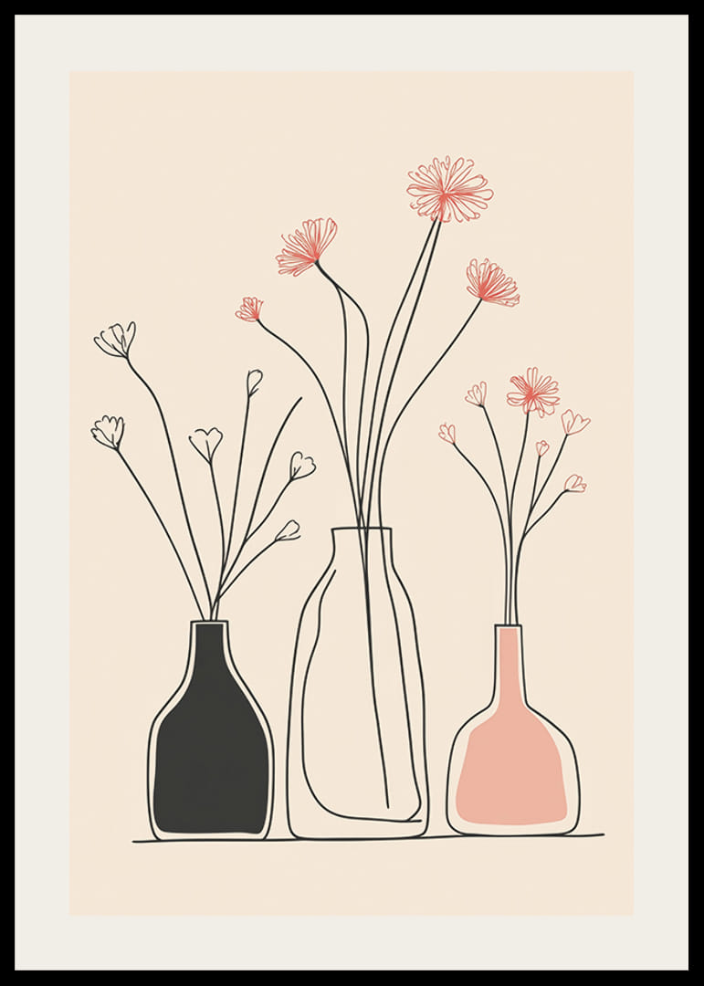 En minimalistisk affisch med eleganta vaser och blommiga konturer-12