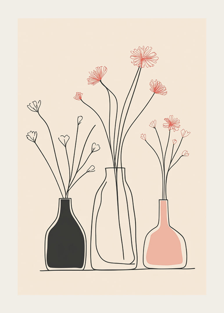 En minimalistisk affisch med eleganta vaser och blommiga konturer-12