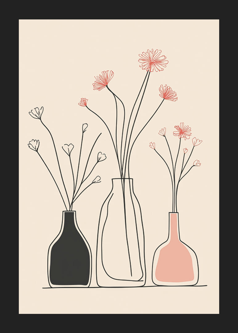 En minimalistisk affisch med eleganta vaser och blommiga konturer-12