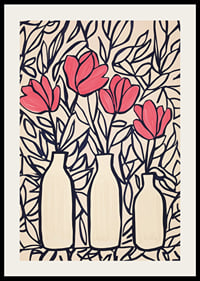 Livliga blommor i vaser, kontrasterade mot mörka blad-2