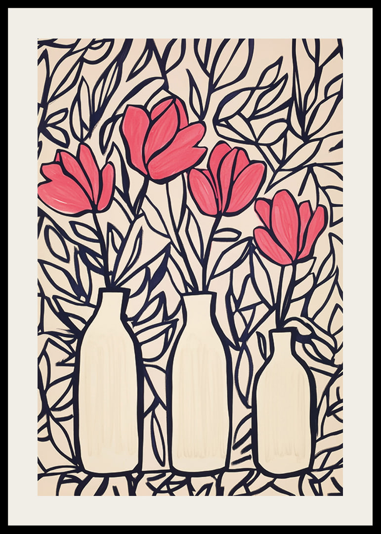 Livliga blommor i vaser, kontrasterade mot mörka blad-12