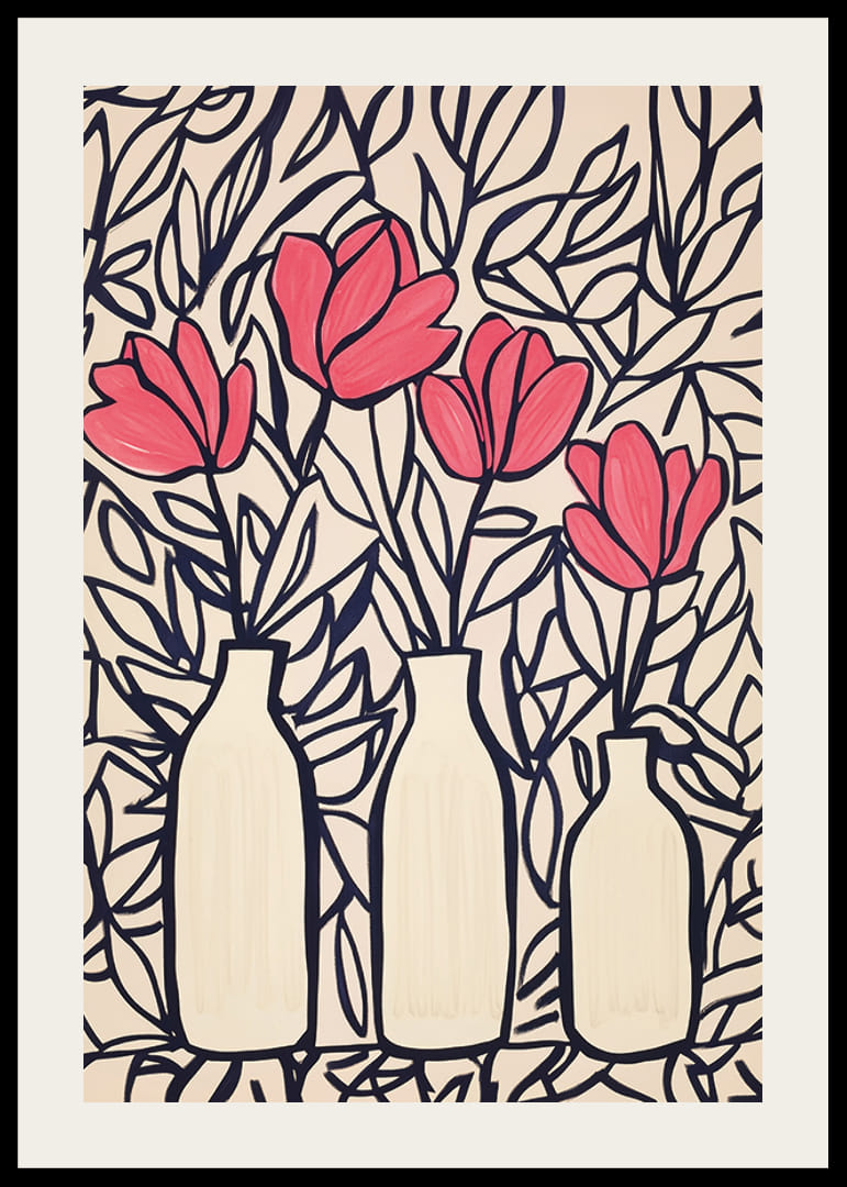 Livliga blommor i vaser, kontrasterade mot mörka blad-12