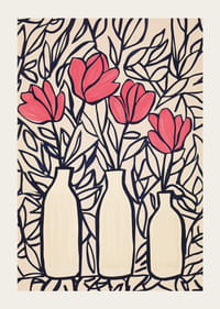 Livliga blommor i vaser, kontrasterade mot mörka blad-3