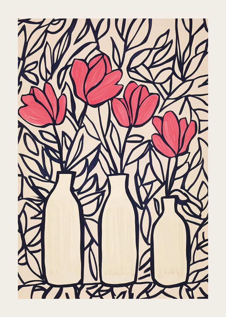 Livliga blommor i vaser, kontrasterade mot mörka blad-12