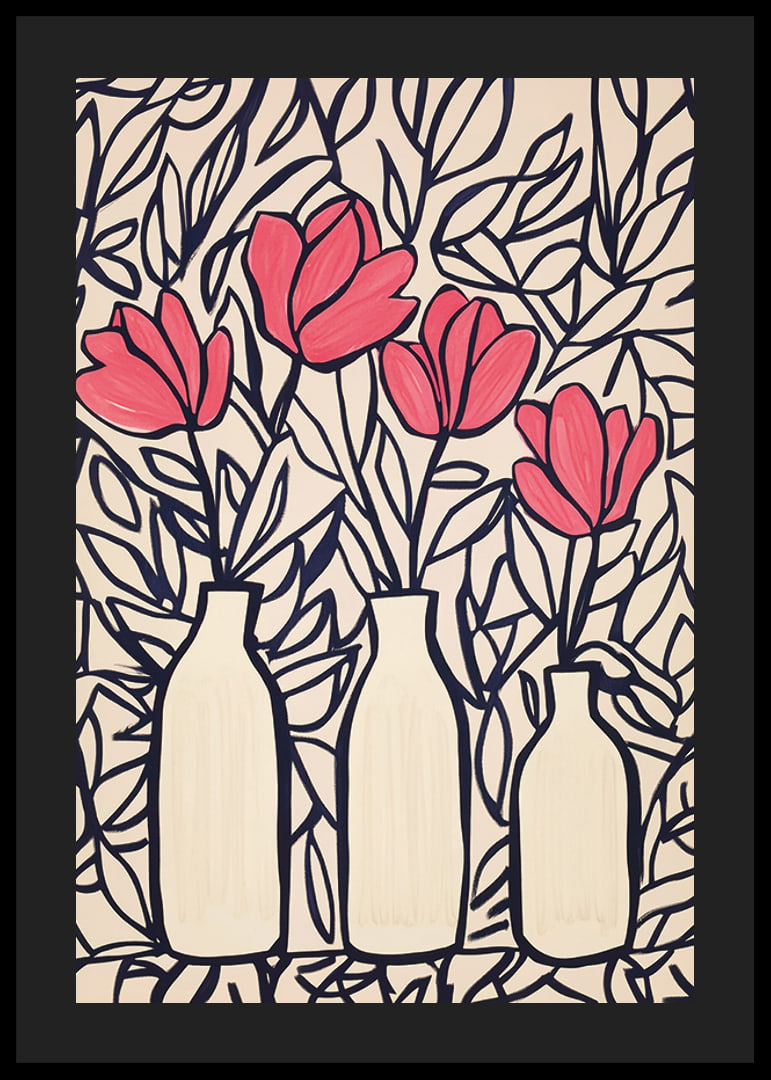 Livliga blommor i vaser, kontrasterade mot mörka blad-12