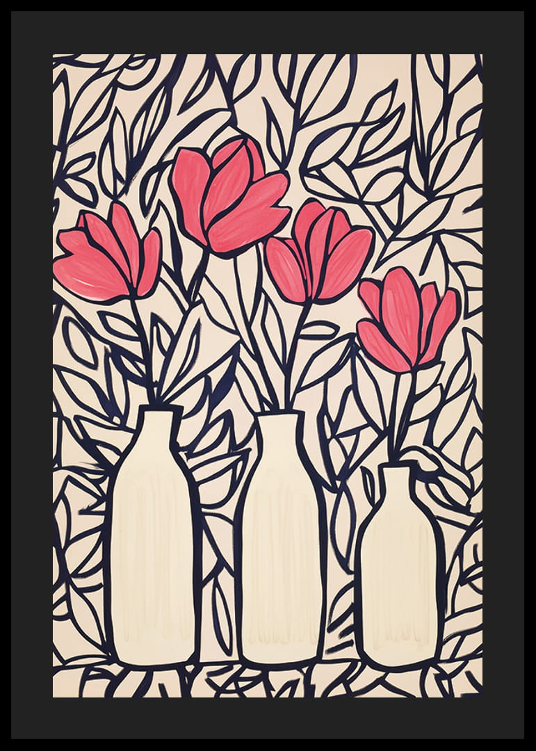 Livliga blommor i vaser, kontrasterade mot mörka blad-12