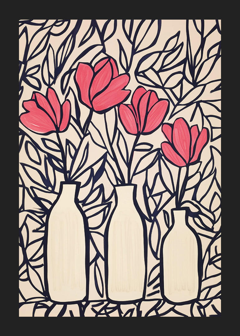 Livliga blommor i vaser, kontrasterade mot mörka blad-12
