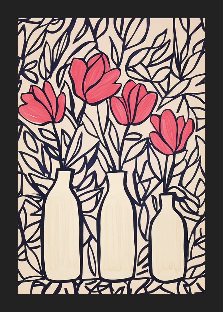 Livliga blommor i vaser, kontrasterade mot mörka blad-12