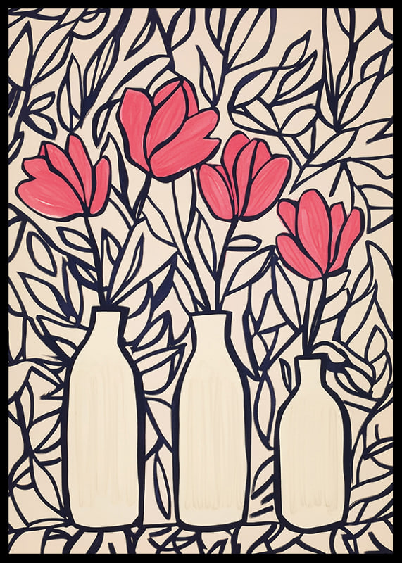 Livliga blommor i vaser, kontrasterade mot mörka blad-12