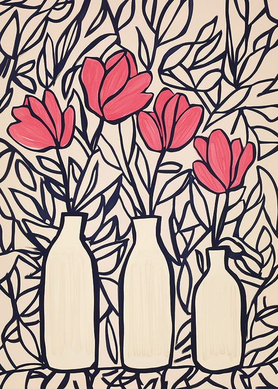 Livliga blommor i vaser, kontrasterade mot mörka blad-12