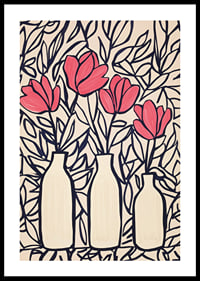 Livliga blommor i vaser, kontrasterade mot mörka blad-0