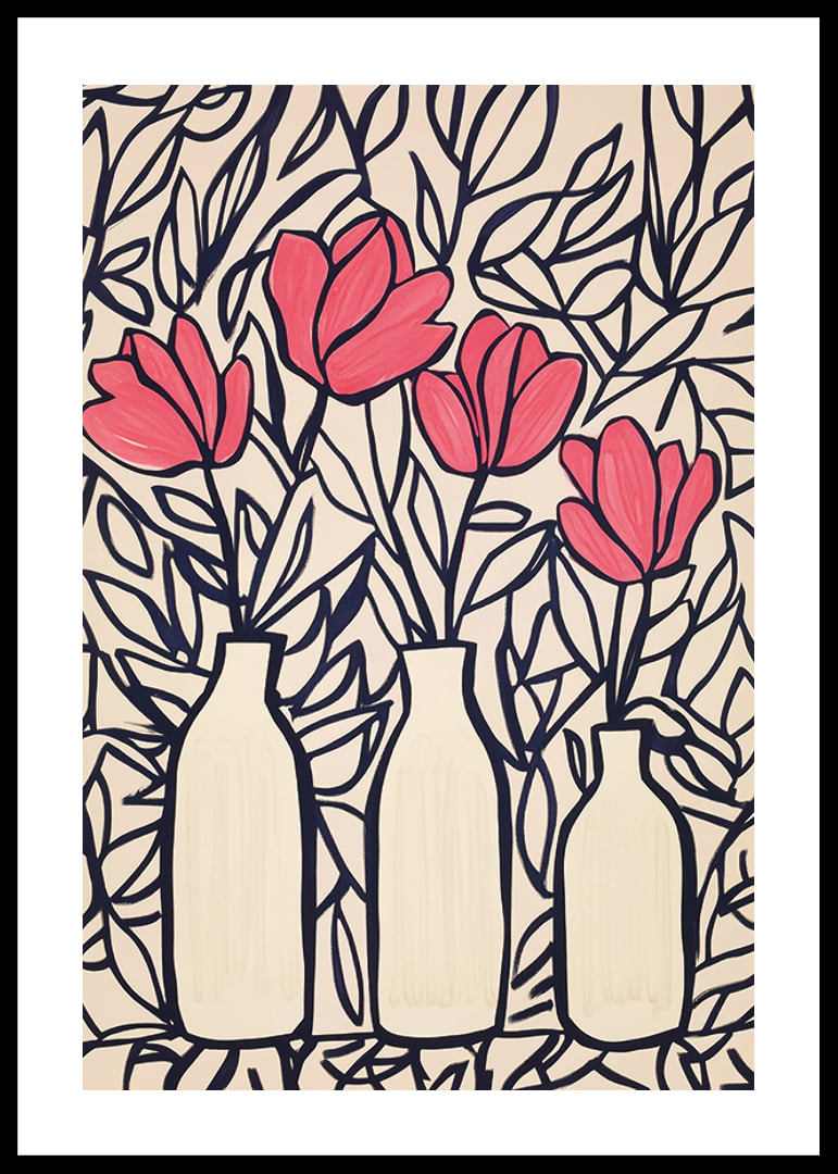 Livliga blommor i vaser, kontrasterade mot mörka blad-12