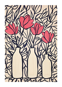 Livliga blommor i vaser, kontrasterade mot mörka blad-1