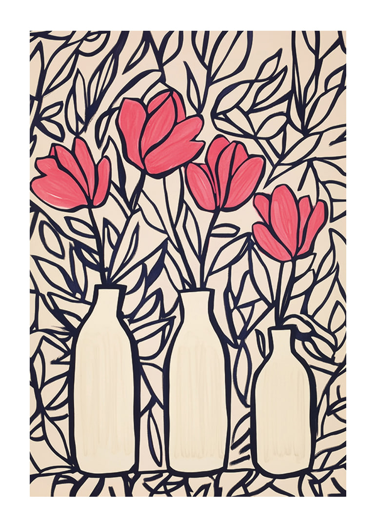 Livliga blommor i vaser, kontrasterade mot mörka blad-12