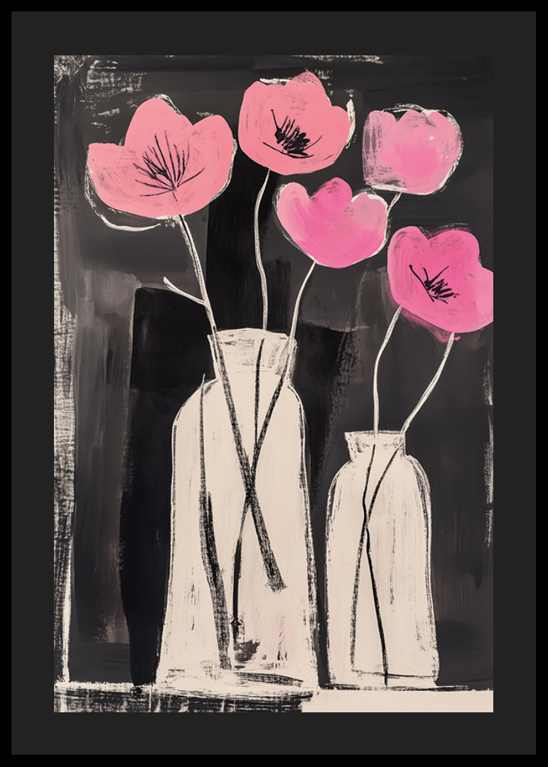 Elegant pink flowers contrast against a deep black background-12