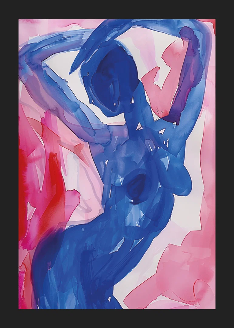 A blue silhouette dances elegantly against a background of pink tones-12