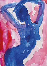A blue silhouette dances elegantly against a background of pink tones-7