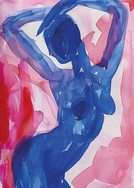 A blue silhouette dances elegantly against a background of pink tones-12