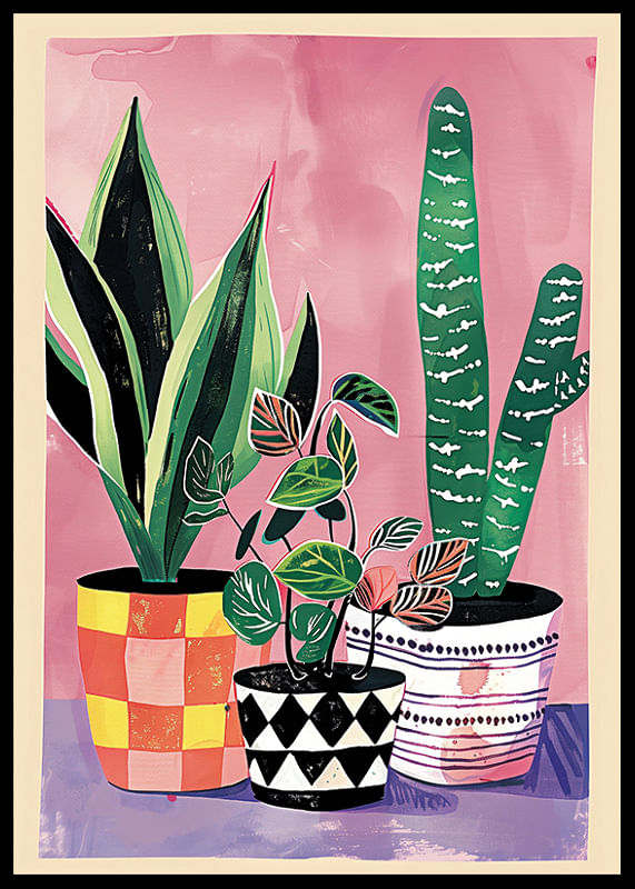 Colorful plants in patterned pots against a pink background-12