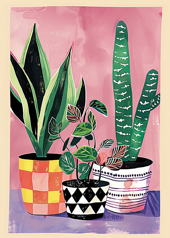 Colorful plants in patterned pots against a pink background-12