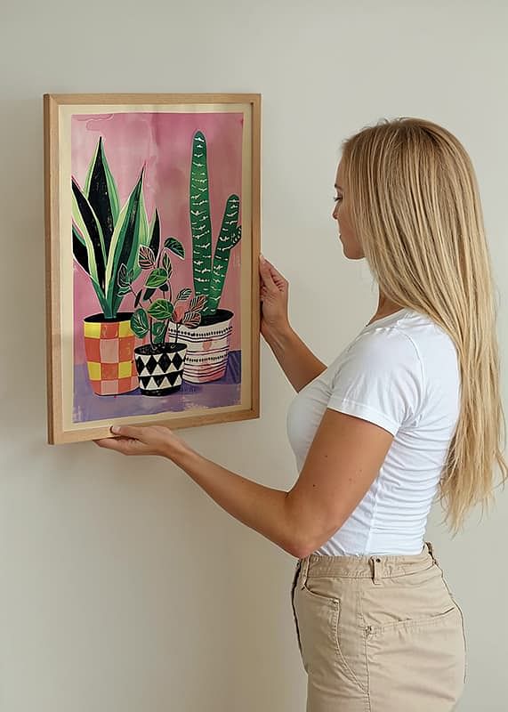 Colorful plants in patterned pots against a pink background-12