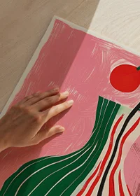 A colorful vase with stripes on a pink background-3