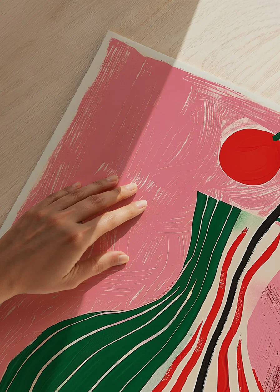 A colorful vase with stripes on a pink background-12