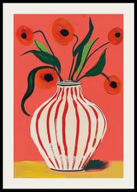 Färgstarka vallmoblommor i randig vas mot livfull bakgrund-2