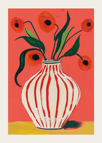 Färgstarka vallmoblommor i randig vas mot livfull bakgrund-3