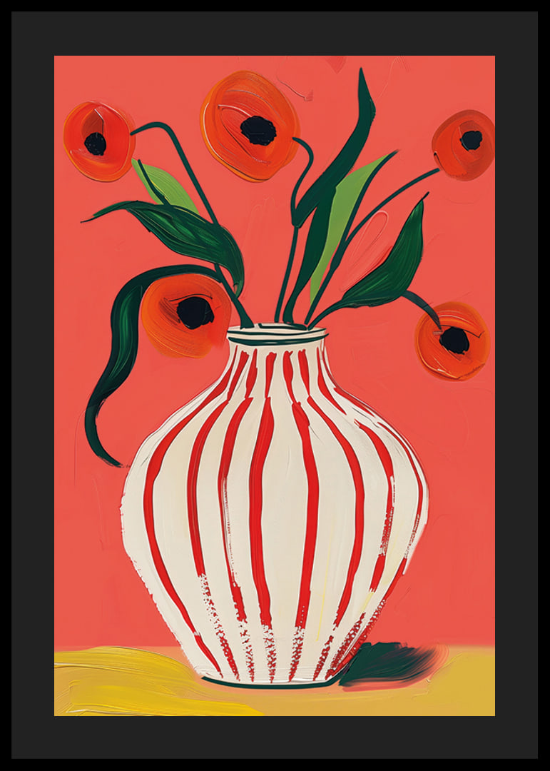 Colorful poppy flowers in striped vase against vibrant background-12