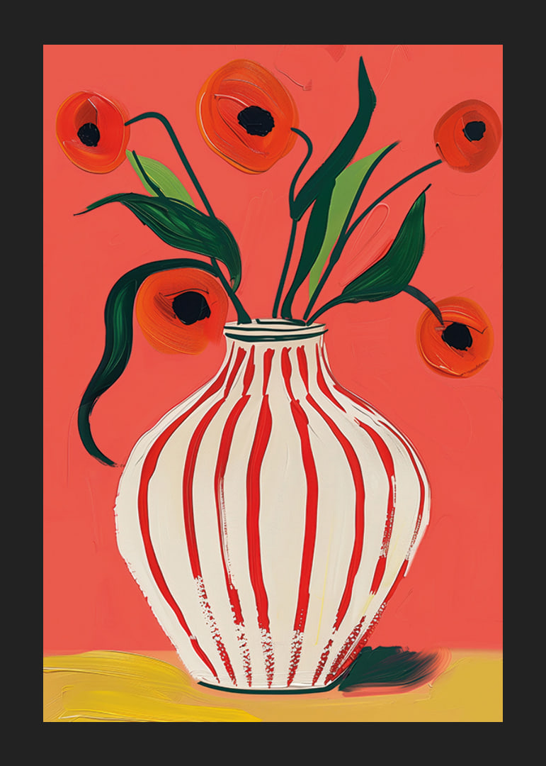 Colorful poppy flowers in striped vase against vibrant background-12