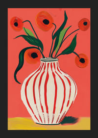 Färgstarka vallmoblommor i randig vas mot livfull bakgrund-5