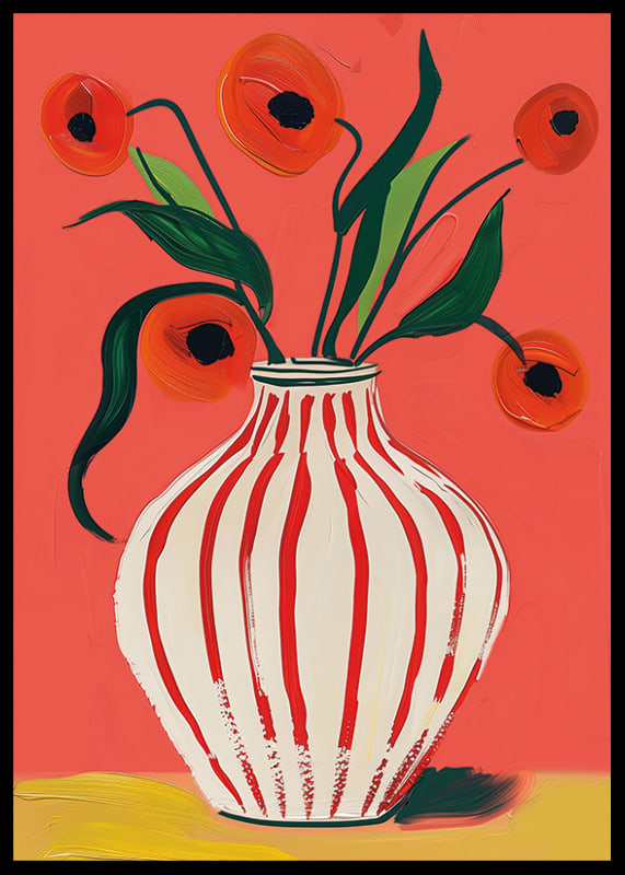 Colorful poppy flowers in striped vase against vibrant background-12