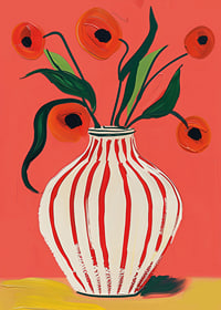 Colorful poppy flowers in striped vase against vibrant background-7