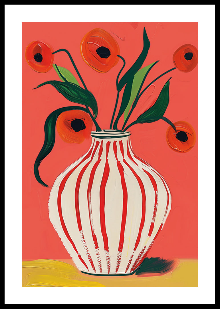 Colorful poppy flowers in striped vase against vibrant background-12