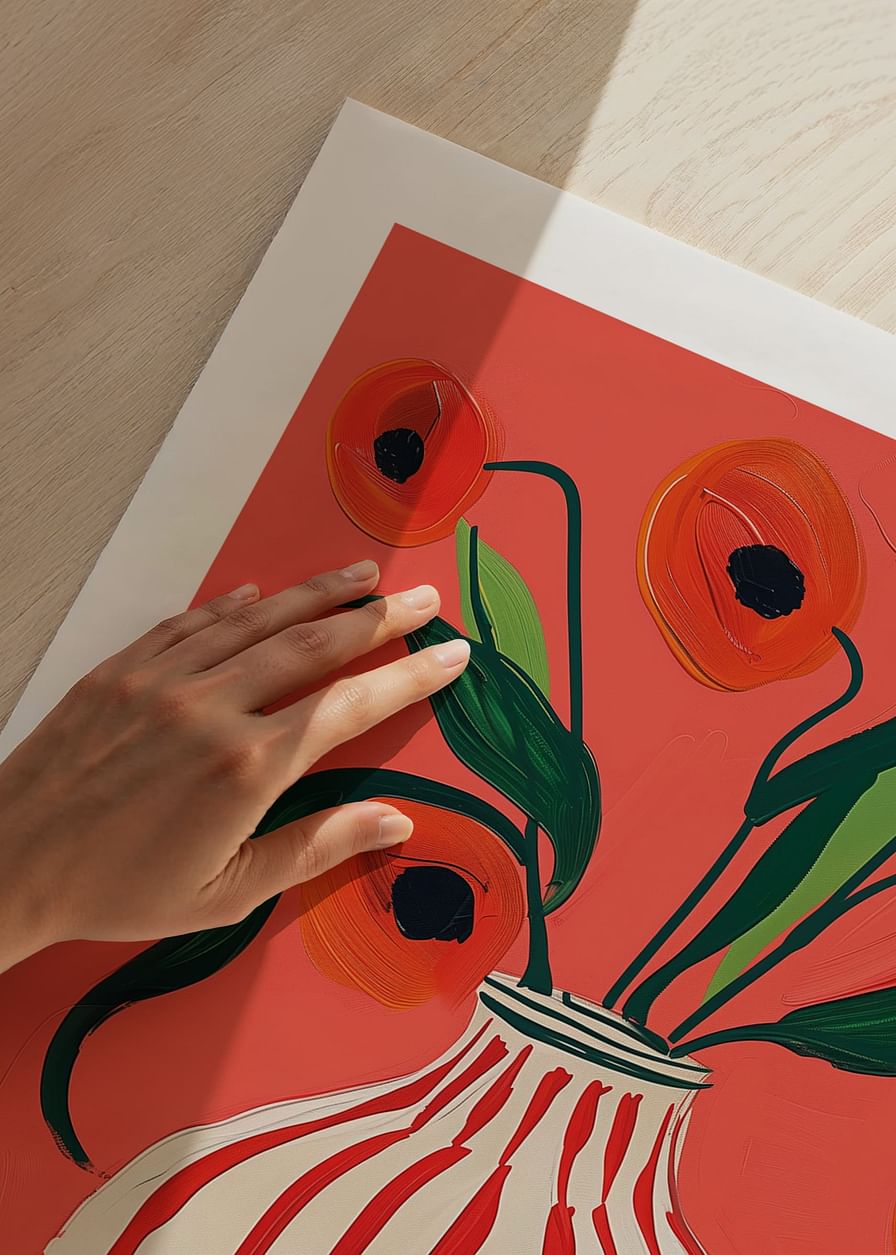 Flori colorate de mac în vază cu dungi pe fundal vibrant-12
