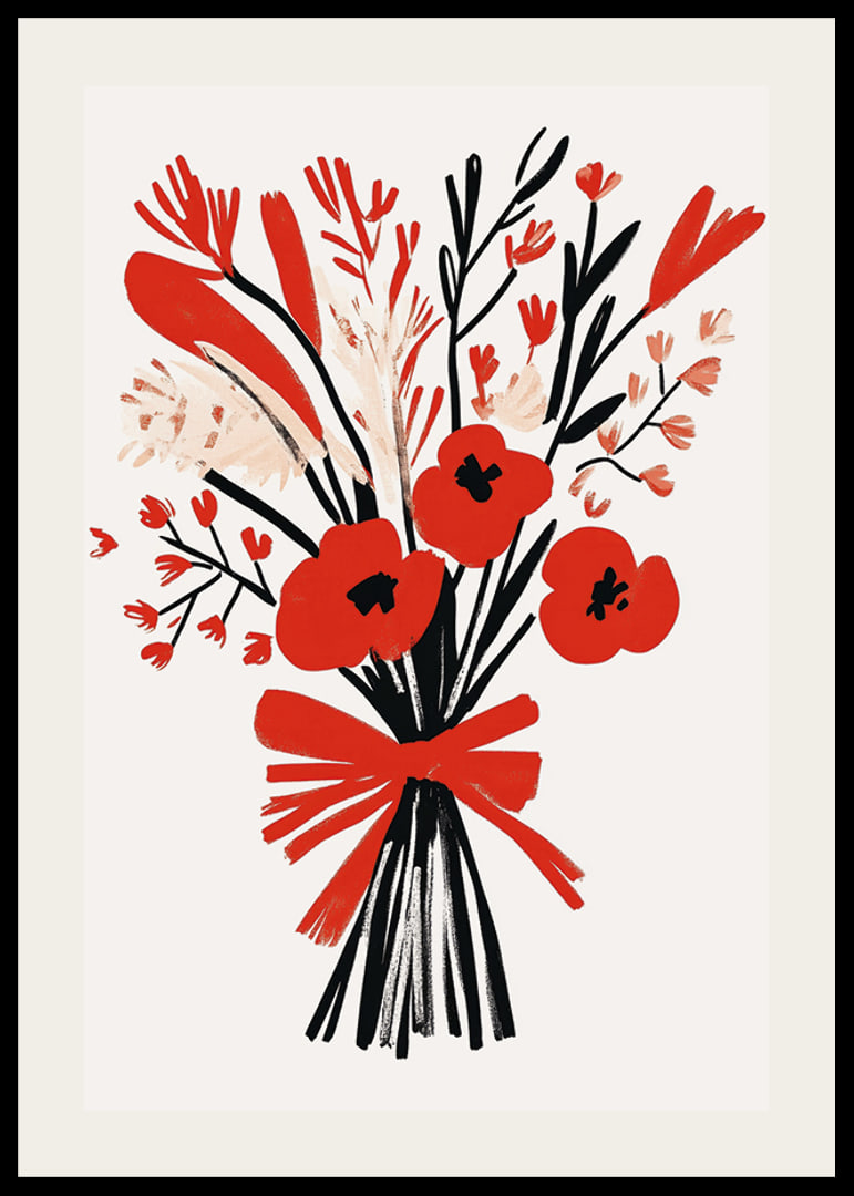 Livfullt blomsterarrangemang med starka röda och svarta toner-12