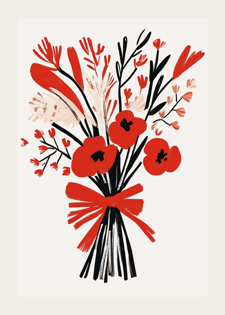 Livfullt blomsterarrangemang med starka röda och svarta toner-12