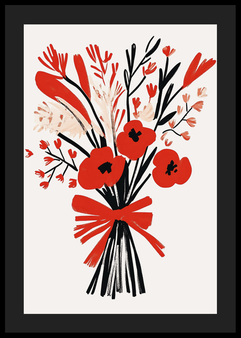 Livfullt blomsterarrangemang med starka röda och svarta toner-12