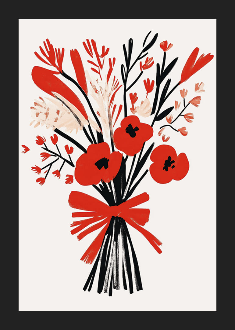 Livfullt blomsterarrangemang med starka röda och svarta toner-12