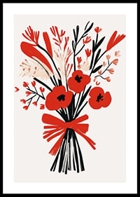 Livfullt blomsterarrangemang med starka röda och svarta toner-0