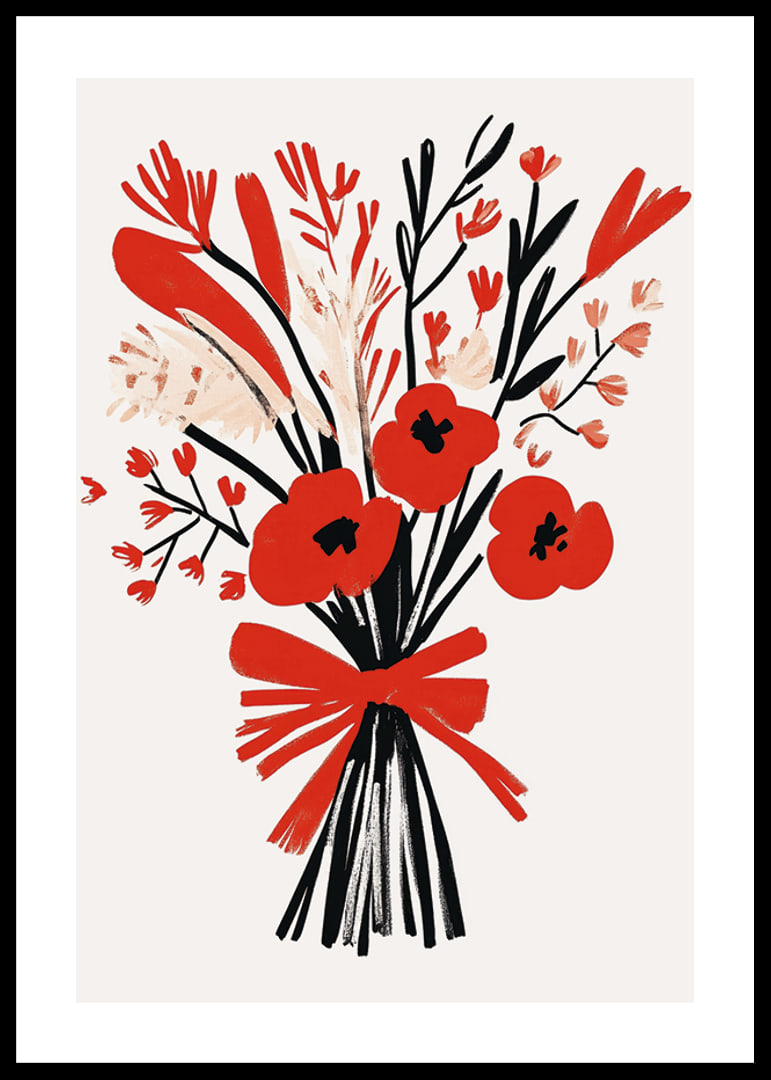 Livfullt blomsterarrangemang med starka röda och svarta toner-12